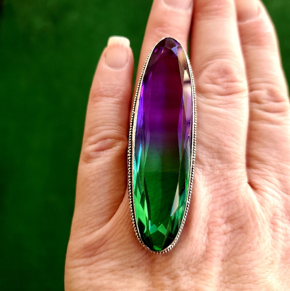 New Oversized Bi-Color Tourmaline 925 Silver Statement Ring.